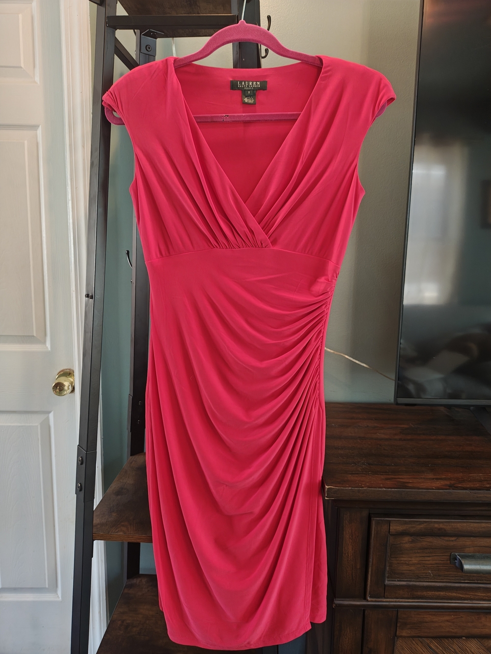 Lauren Ralph Lauren Hot Pink Ruched Surplice Midi Dress